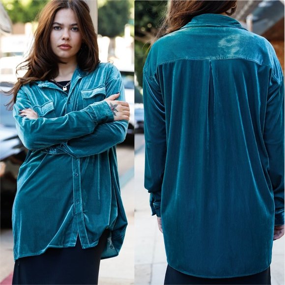 Teal Corduroy Velvet Oversized Shirt - Picture 7 of 7